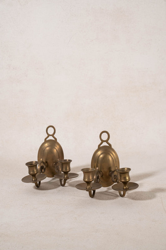PAIR of Vintage Brass Colonial-Style Double Candle Sconce