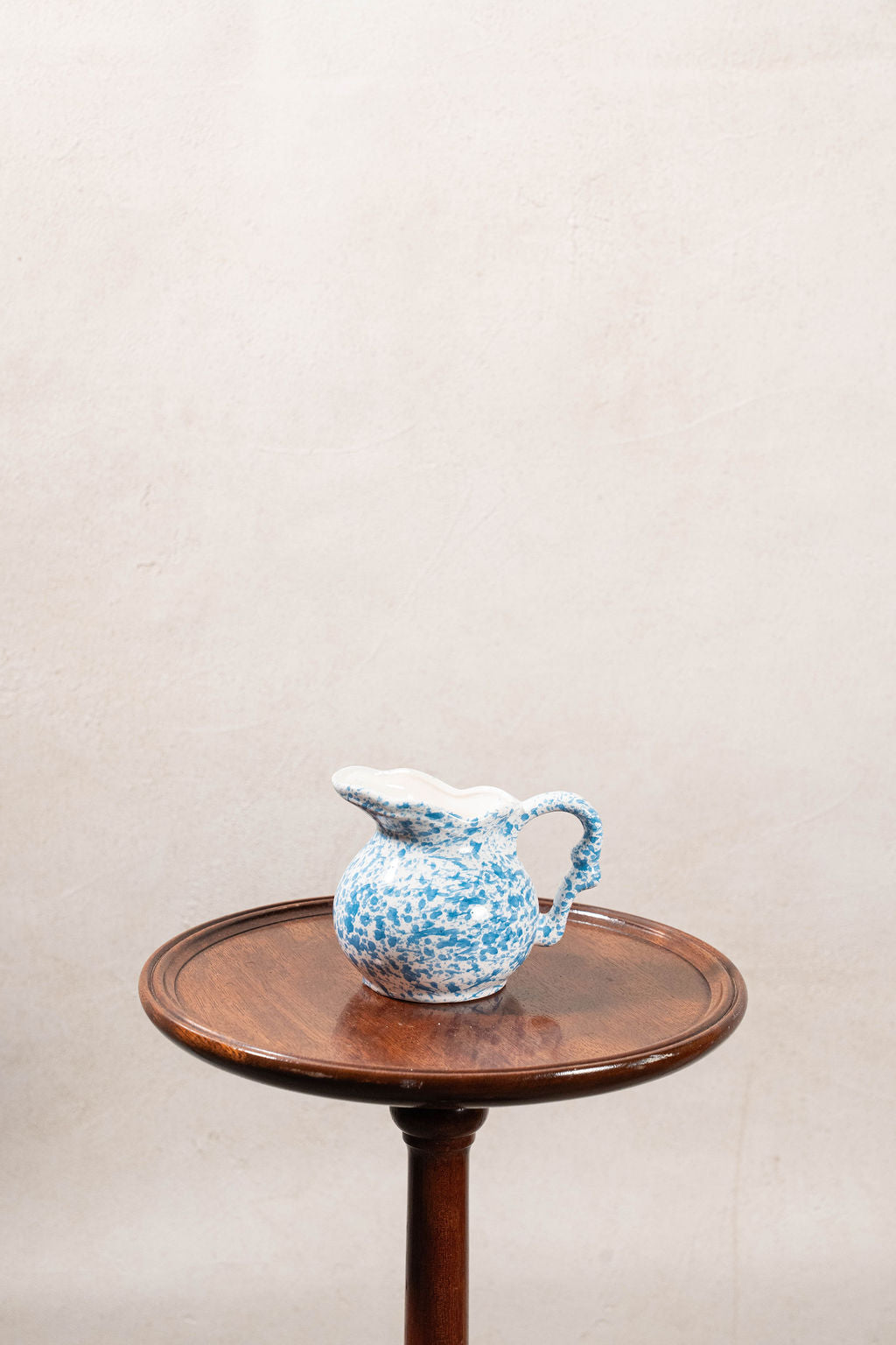 Petite Vintage Blue + White Spongeware Creamer Pitcher with Scalloped Edge