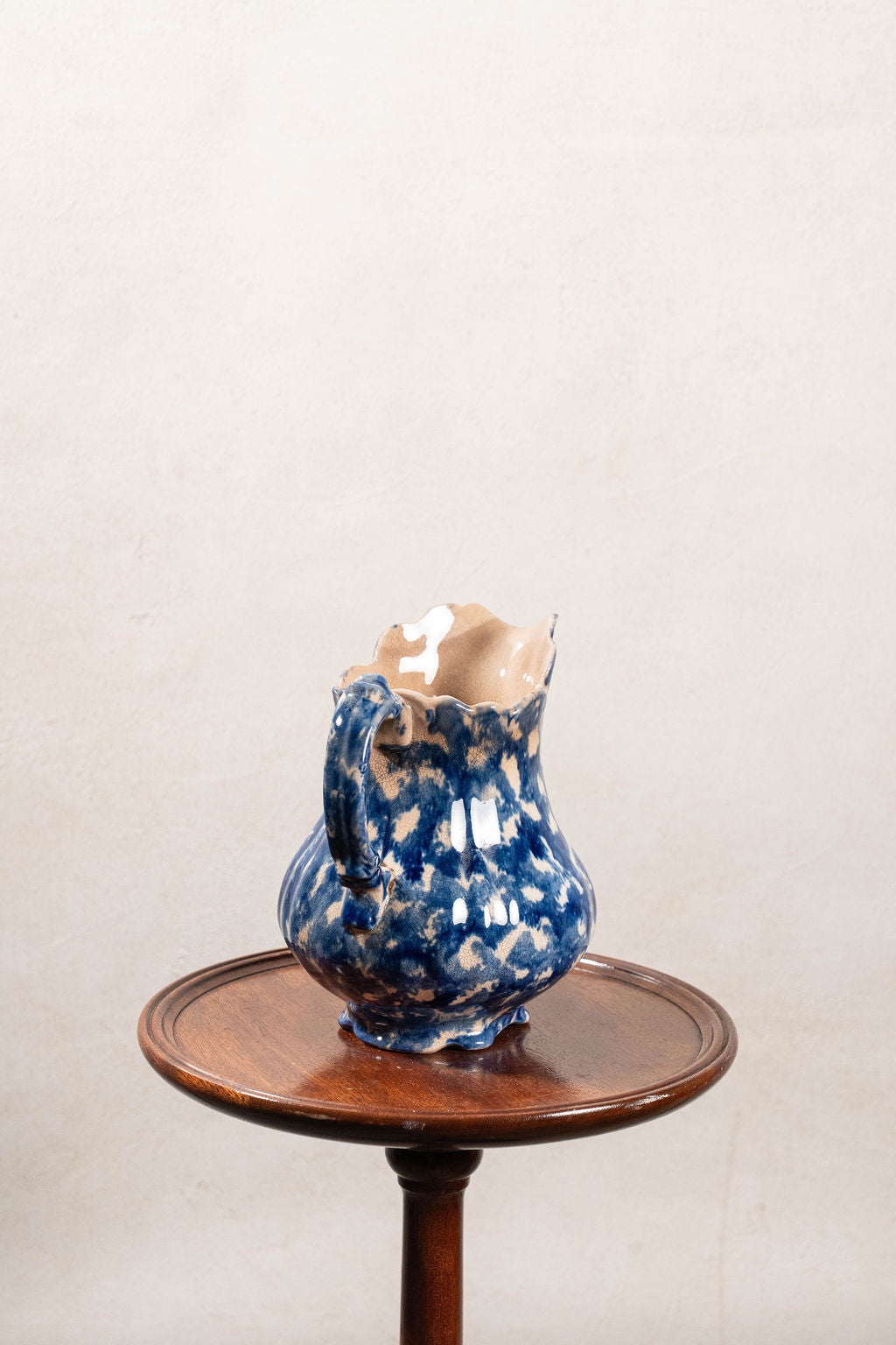Antique Bulbous Dark Blue Glazed Scalloped Spongeware Pitcher