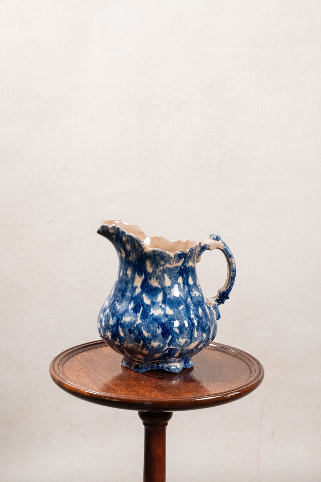 Antique Bulbous Dark Blue Glazed Scalloped Spongeware Pitcher