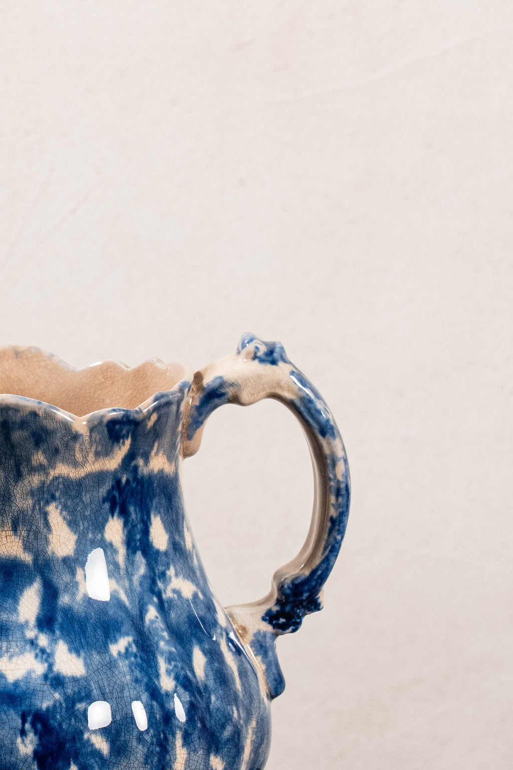 Antique Bulbous Dark Blue Glazed Scalloped Spongeware Pitcher