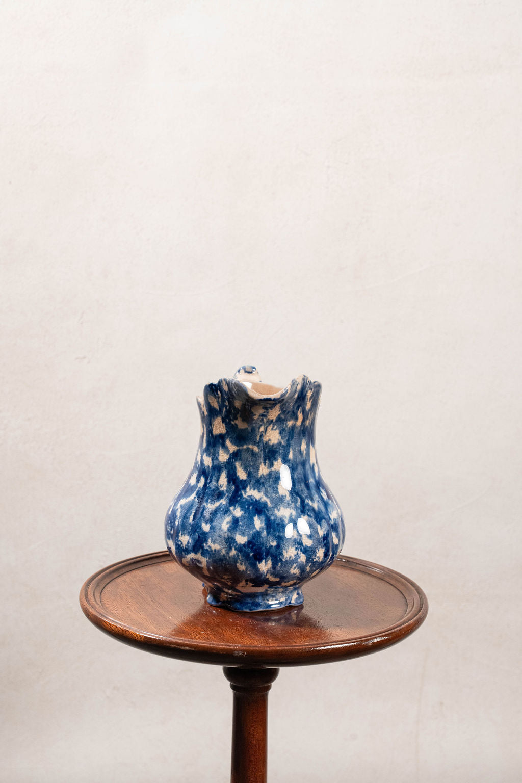 Antique Bulbous Dark Blue Glazed Scalloped Spongeware Pitcher