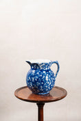 Load image into Gallery viewer, Antique Bulbous Blue Glazed Scalloped Spongeware Pitcher with Floral Relief Detail
