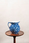 Load image into Gallery viewer, Antique Bulbous Blue Glazed Scalloped Spongeware Pitcher with Floral Relief Detail
