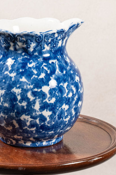 Antique Bulbous Blue Glazed Scalloped Spongeware Pitcher with Floral Relief Detail