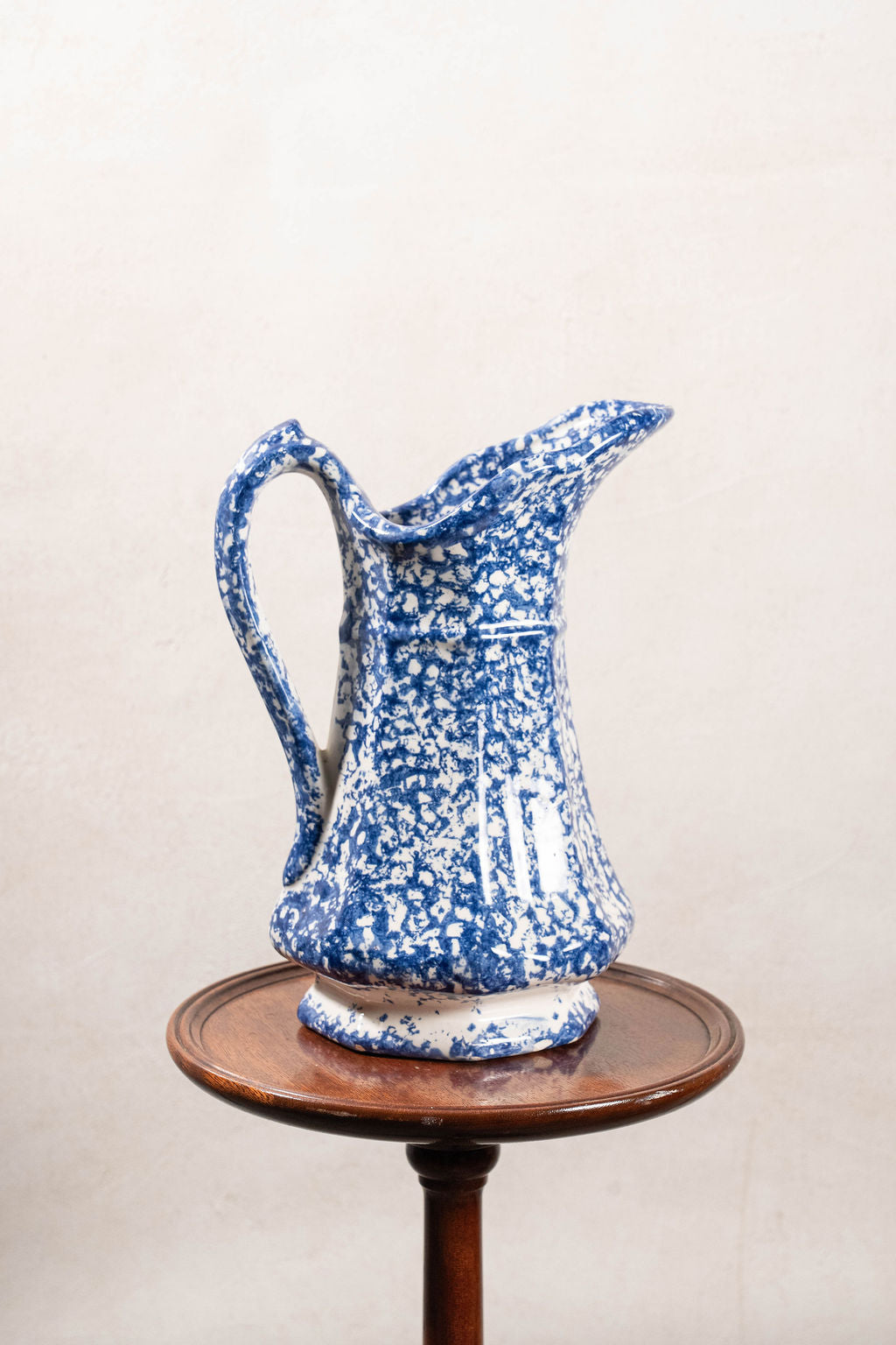 19th Century Antique Victorian Ironstone Blue + White Spongeware Pitcher