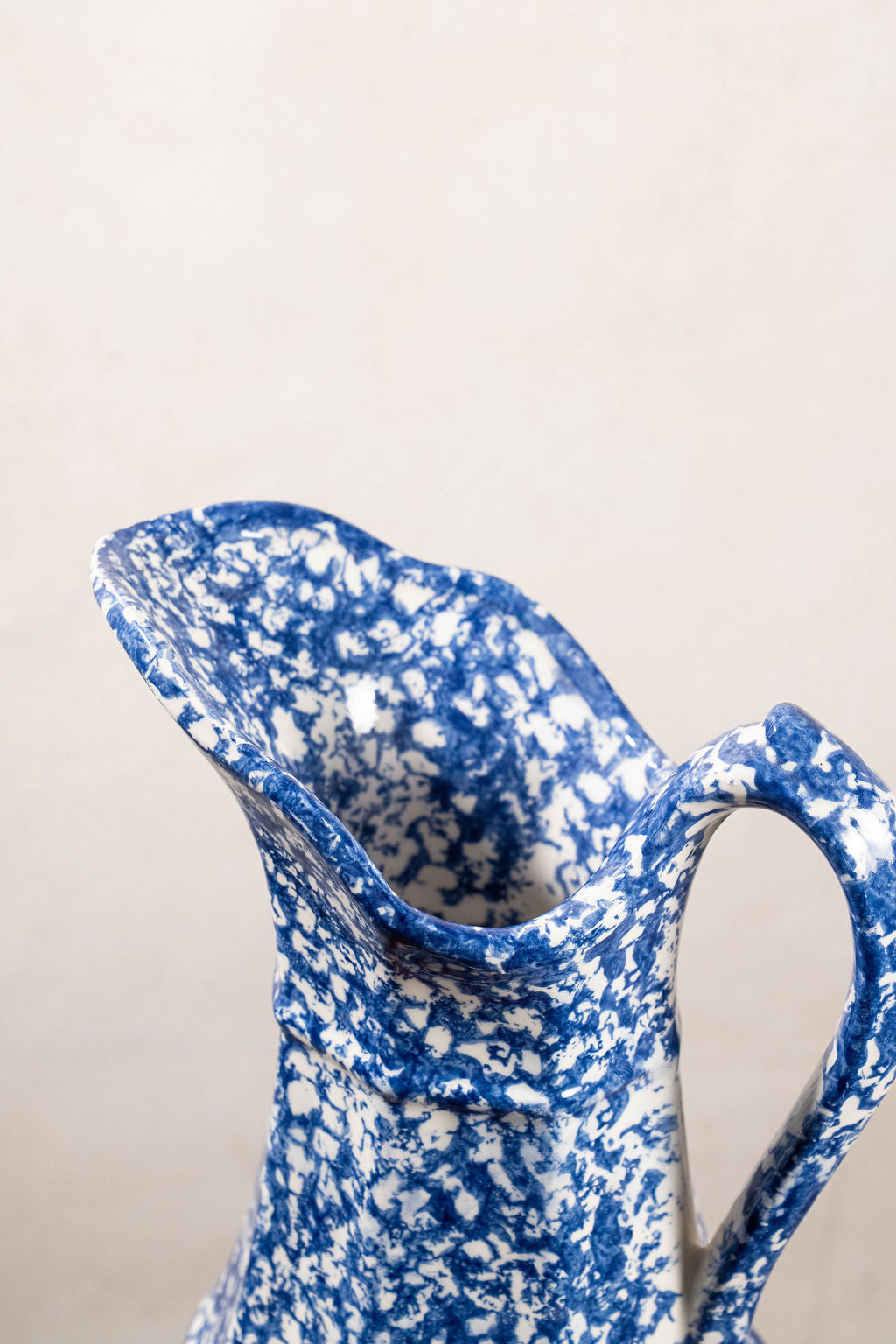 19th Century Antique Victorian Ironstone Blue + White Spongeware Pitcher