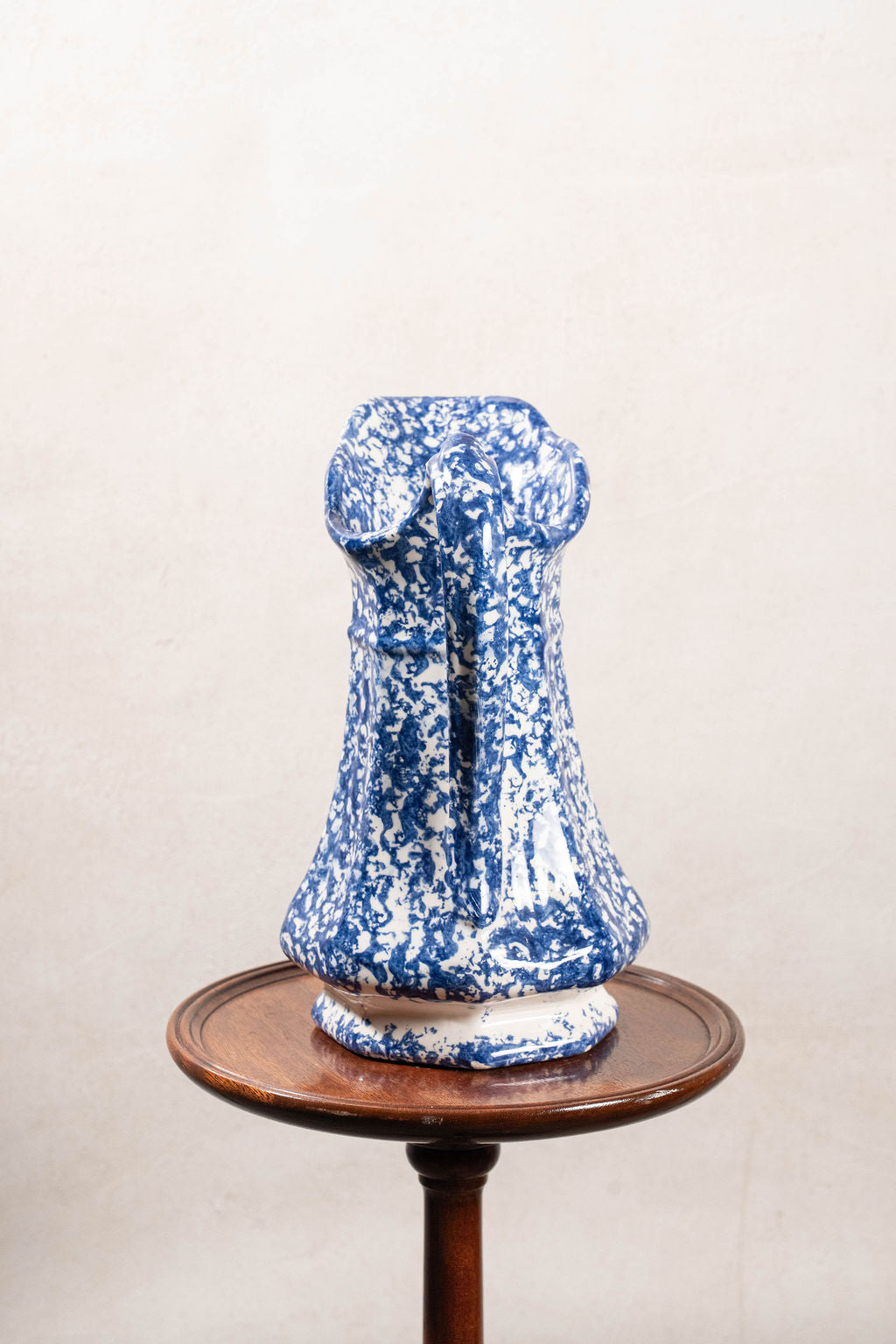 19th Century Antique Victorian Ironstone Blue + White Spongeware Pitcher