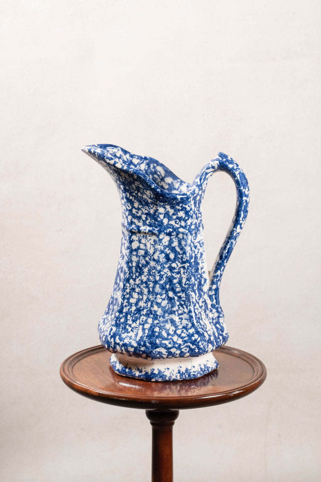 19th Century Antique Victorian Ironstone Blue + White Spongeware Pitcher
