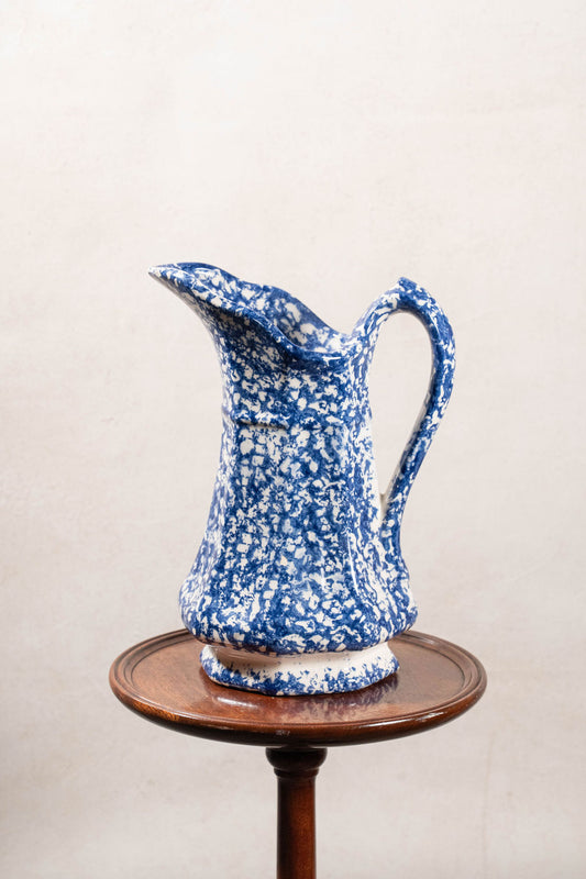 19th Century Antique Victorian Ironstone Blue + White Spongeware Pitcher