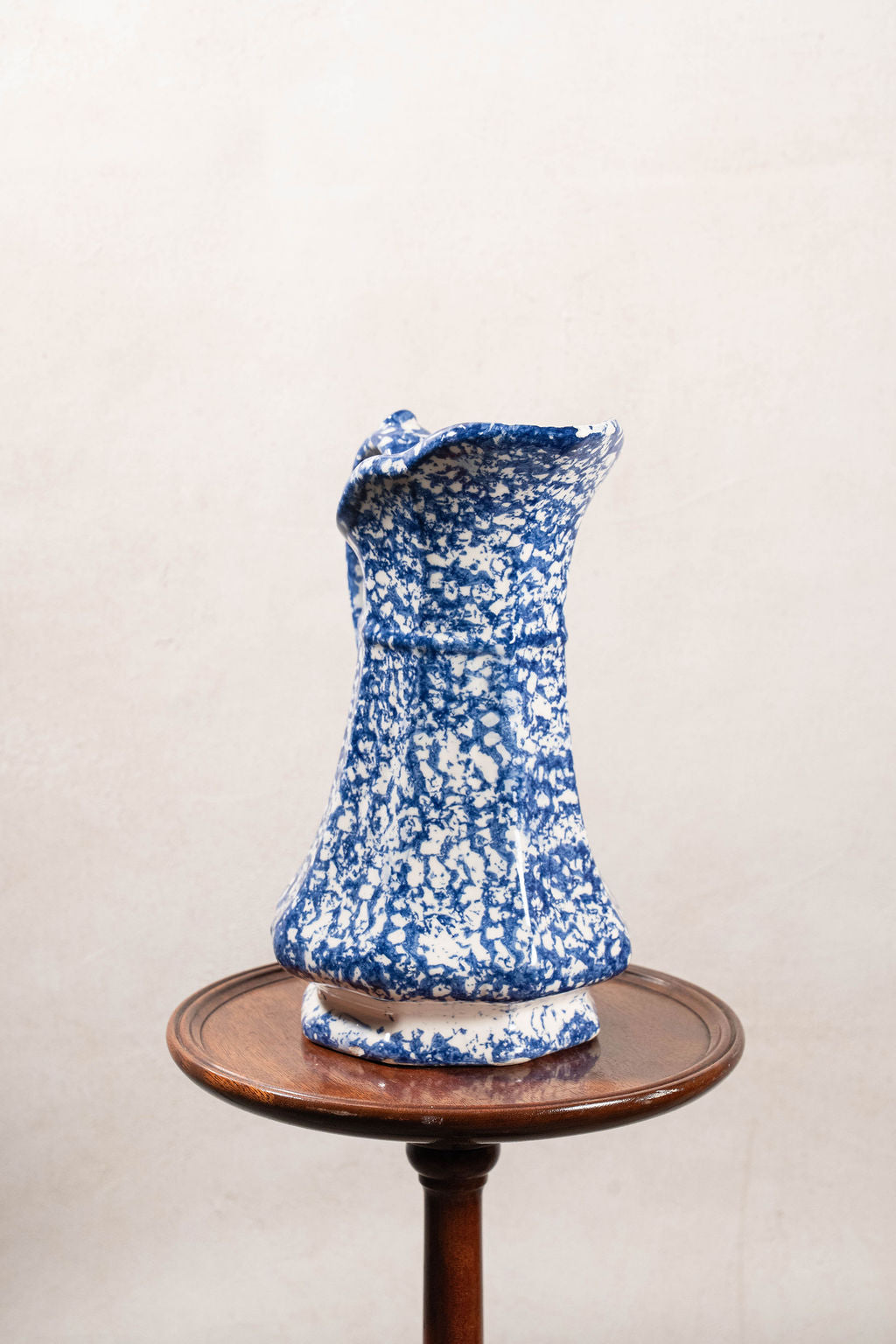 19th Century Antique Victorian Ironstone Blue + White Spongeware Pitcher