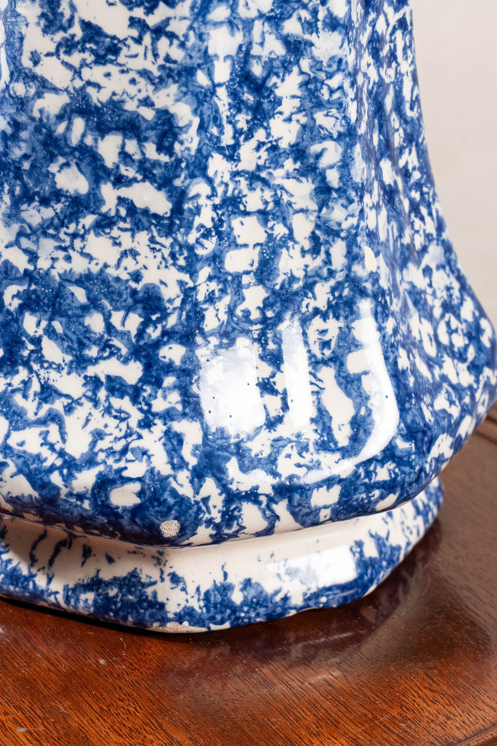 19th Century Antique Victorian Ironstone Blue + White Spongeware Pitcher