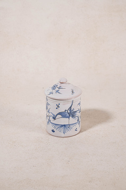 Vintage French Moustiers Blue & White Lidded Canister