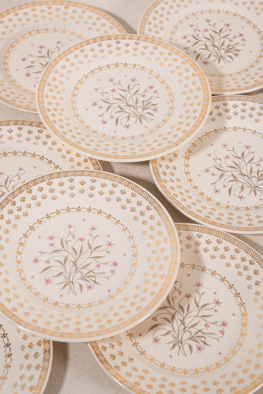 SET of 7 | Vintage Floral Salad Plates with Gold Greek Key Border