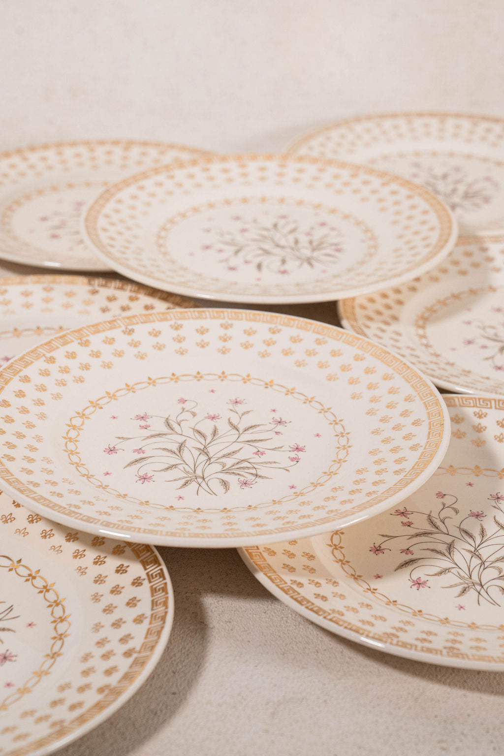 SET of 7 | Vintage Floral Salad Plates with Gold Greek Key Border