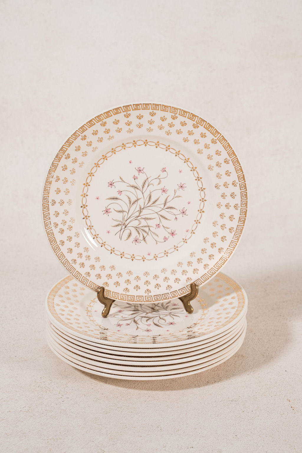 SET of 7 | Vintage Floral Salad Plates with Gold Greek Key Border