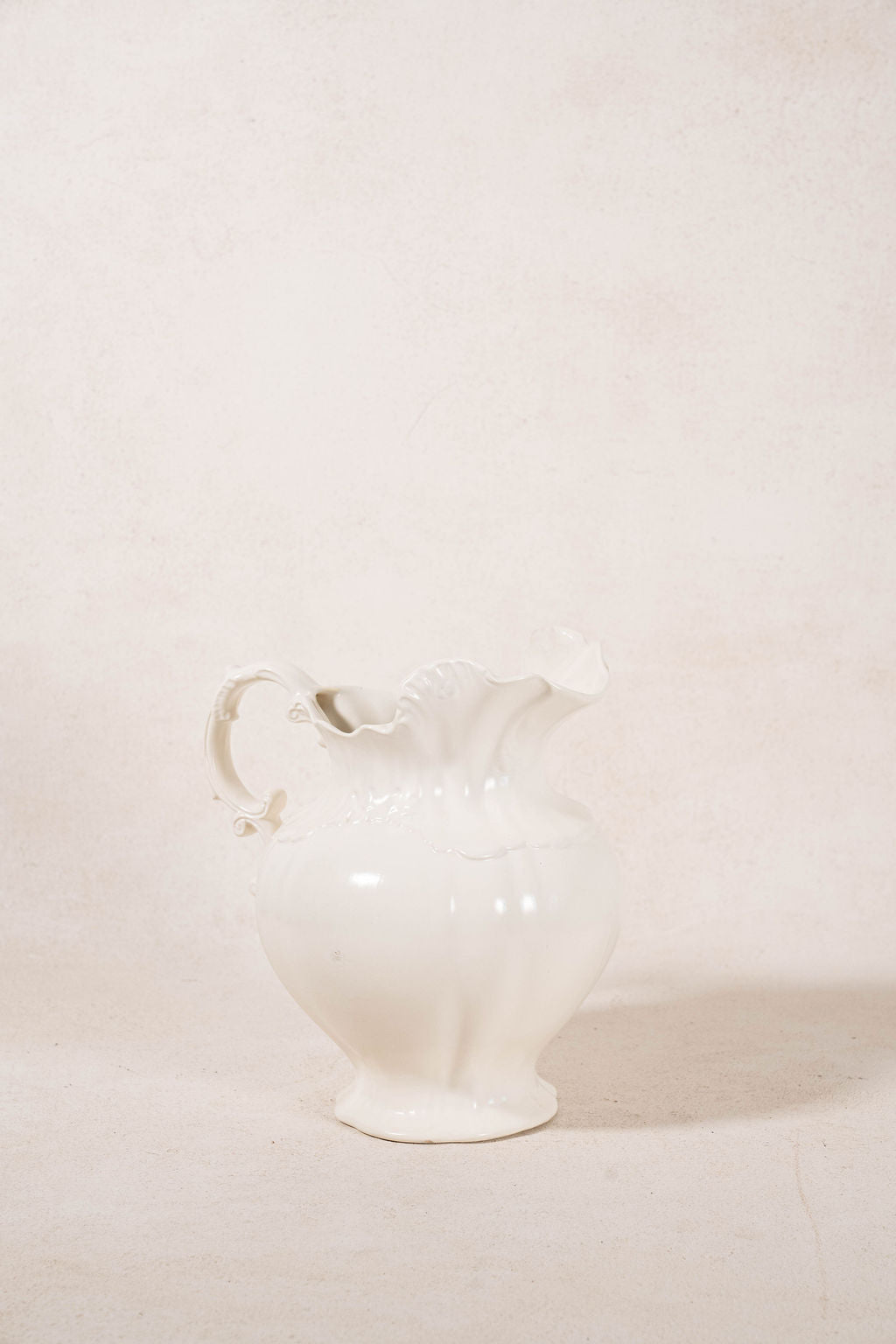 Vintage Large Cream Ceramic Pitcher with Scalloped Edge