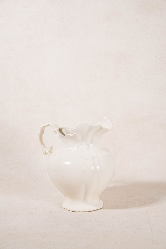 Vintage Large Cream Ceramic Pitcher with Scalloped Edge