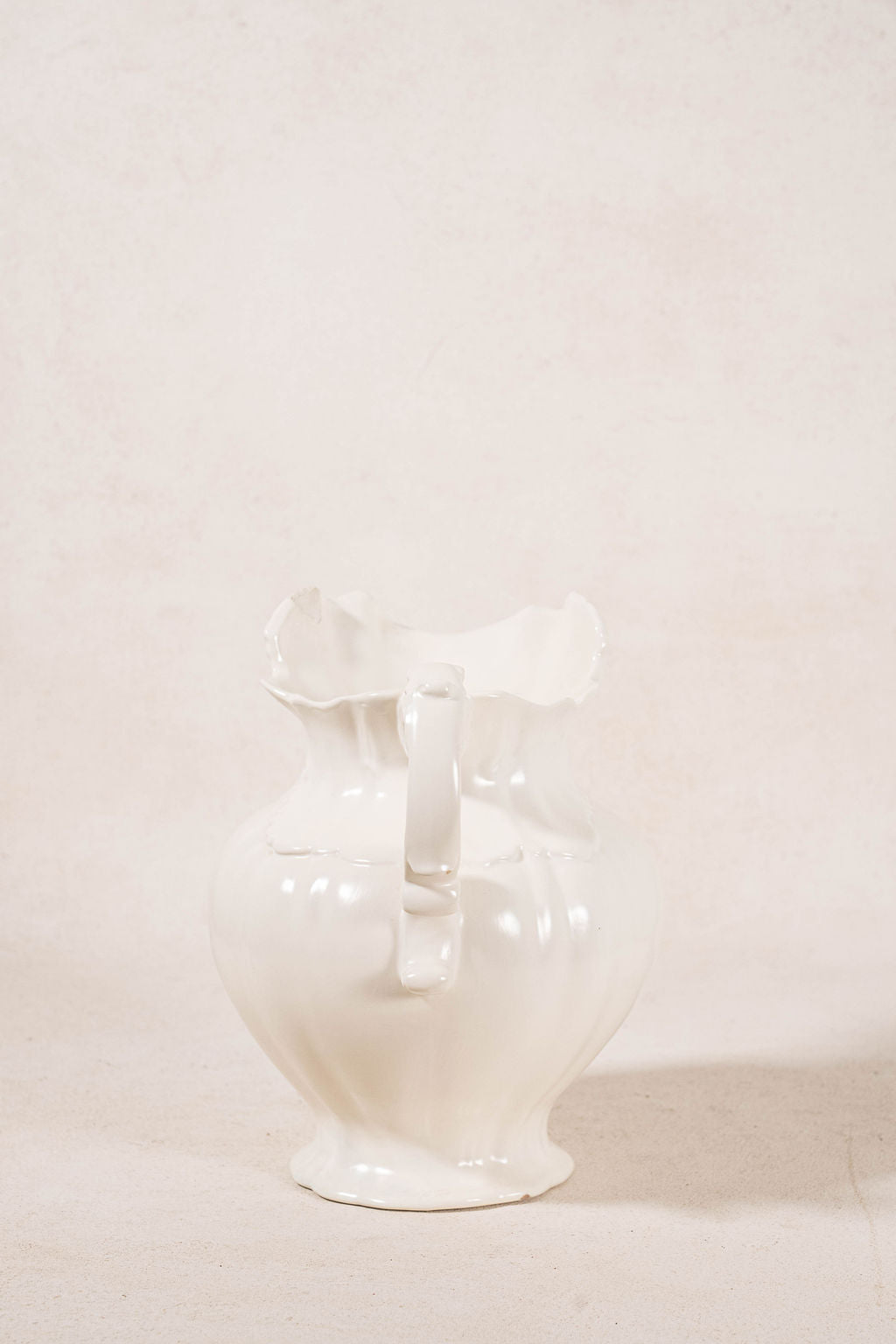 Vintage Large Cream Ceramic Pitcher with Scalloped Edge