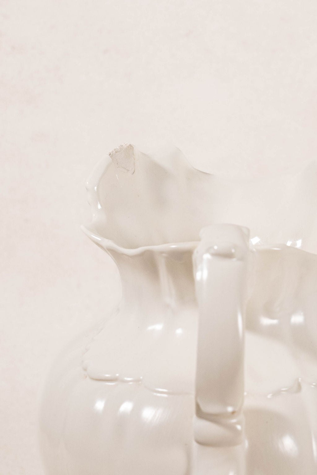 Vintage Large Cream Ceramic Pitcher with Scalloped Edge