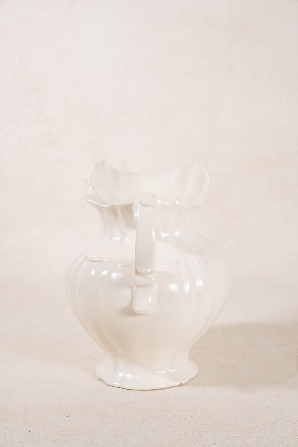 Vintage Large Cream Ceramic Pitcher with Scalloped Edge