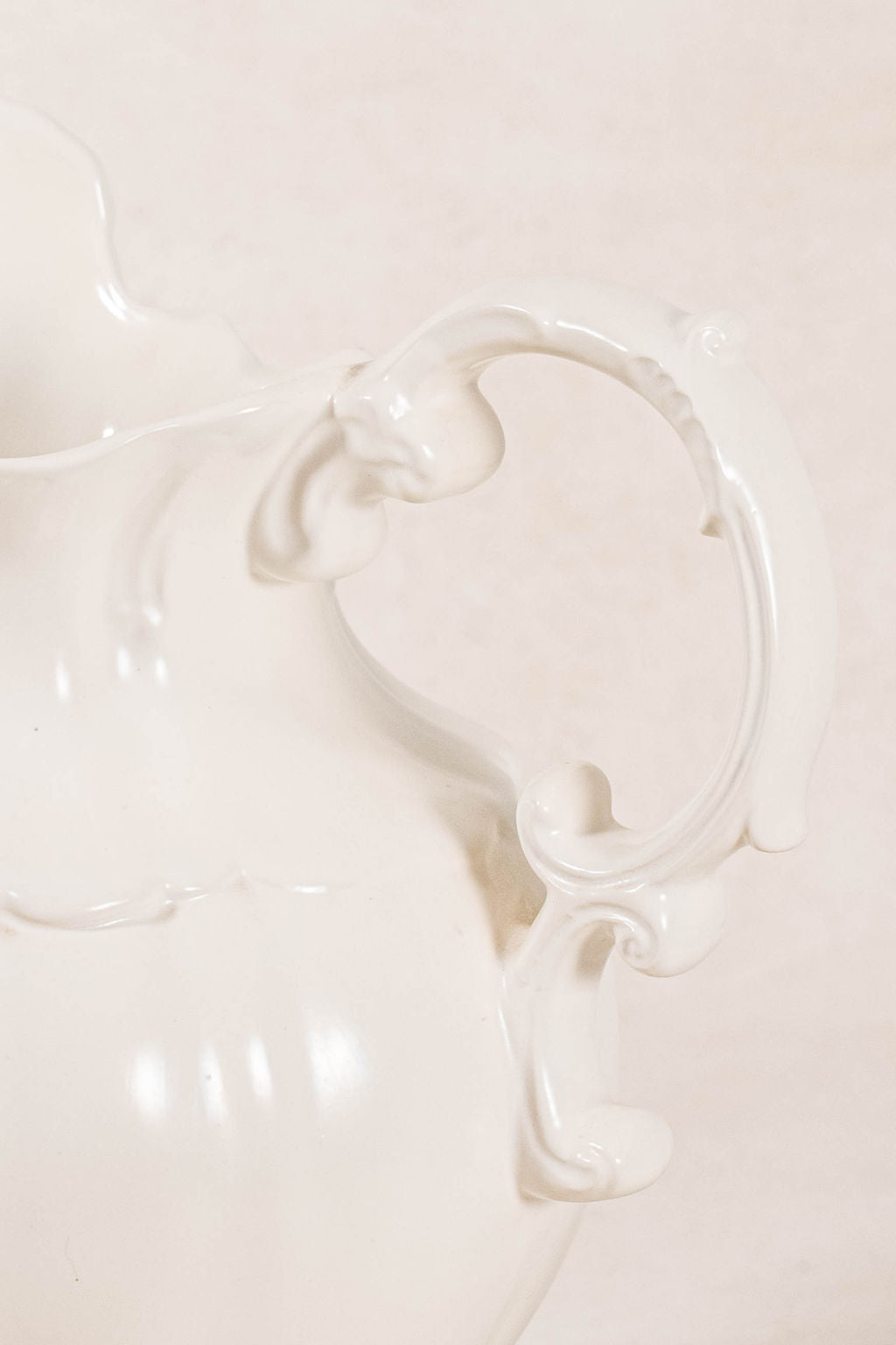 Vintage Large Cream Ceramic Pitcher with Scalloped Edge