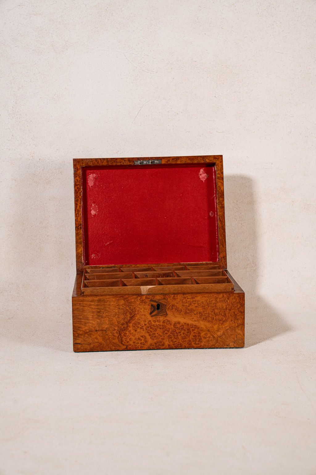 Antique English Burl Walnut Box with Red Painted Interior