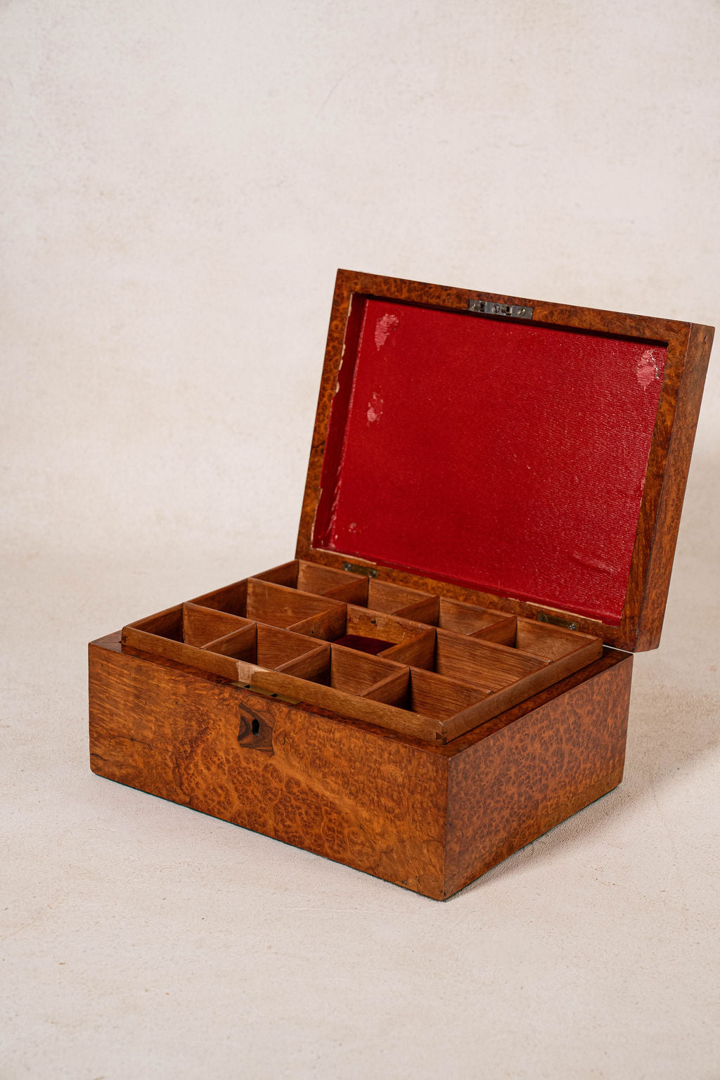 Antique English Burl Walnut Box with Red Painted Interior