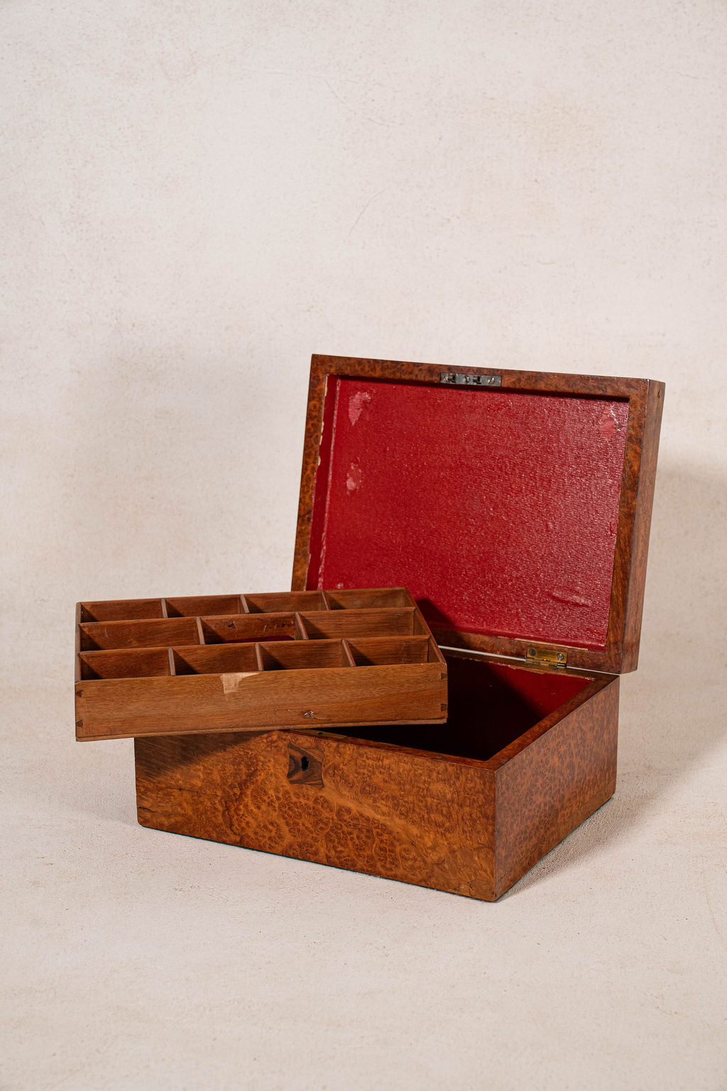 Antique English Burl Walnut Box with Red Painted Interior