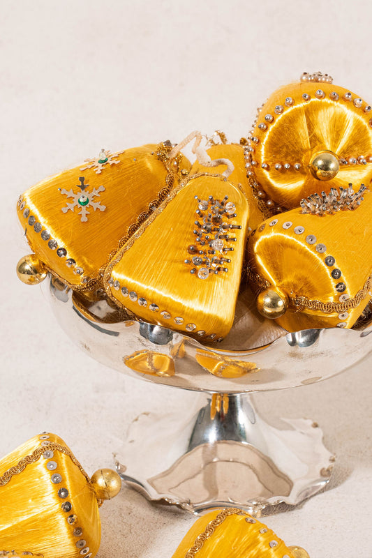 SET of 11 | Vintage Yellow Gold Silk Hand-Embellished Ornaments