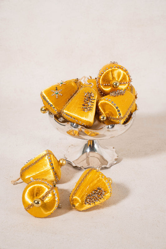 SET of 11 | Vintage Yellow Gold Silk Hand-Embellished Ornaments
