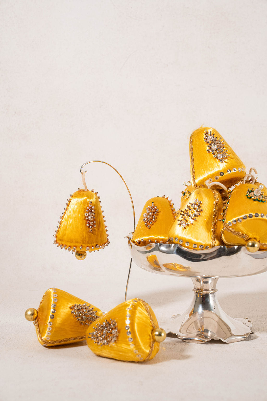 SET of 11 | Vintage Yellow Gold Silk Hand-Embellished Ornaments