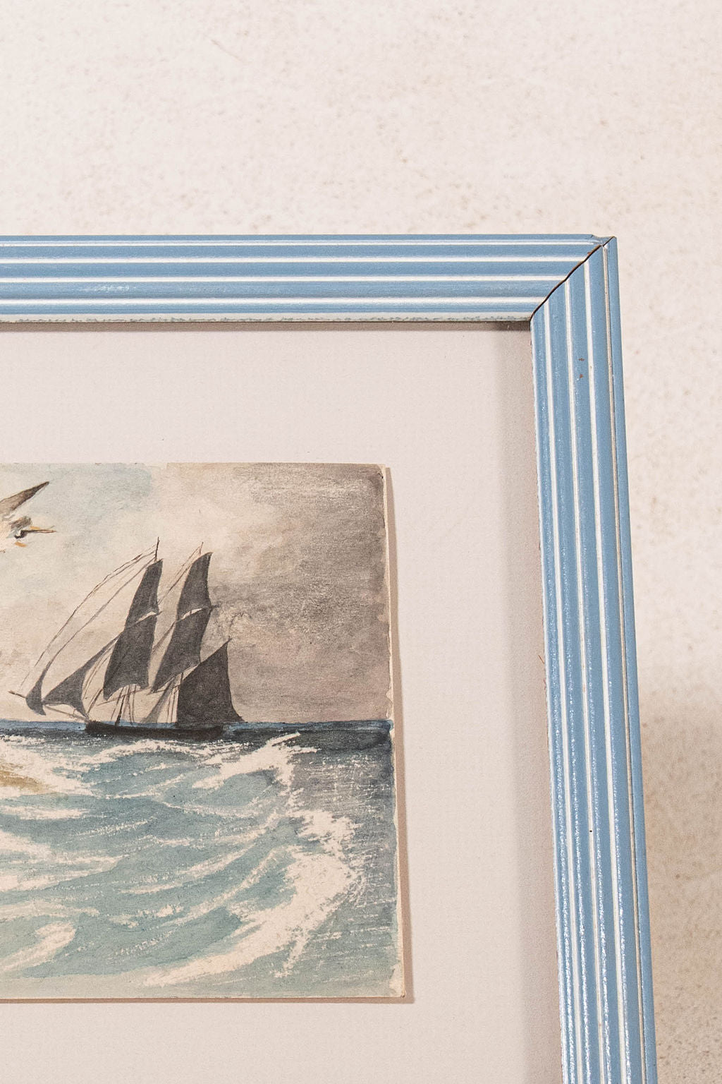 Antique Original Watercolor Seascape with Boat in Vintage Blue Frame