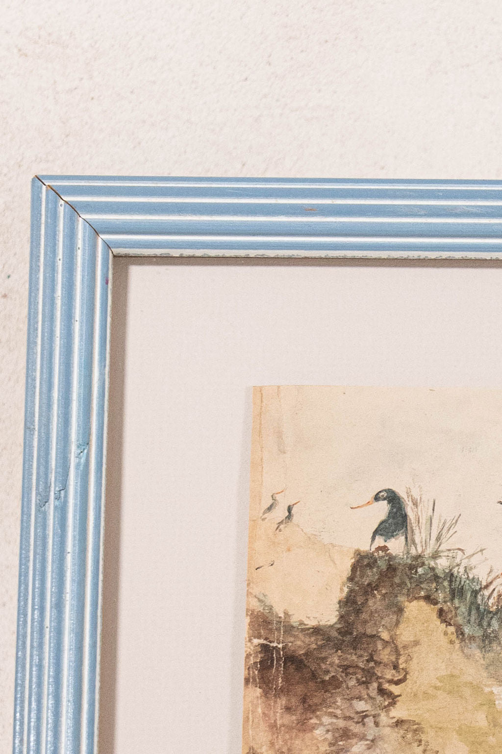 Antique Original Watercolor Seascape with Boat in Vintage Blue Frame