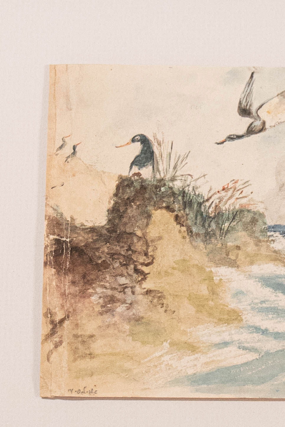 Antique Original Watercolor Seascape with Boat in Vintage Blue Frame