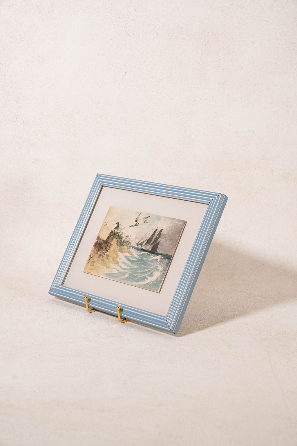 Antique Original Watercolor Seascape with Boat in Vintage Blue Frame