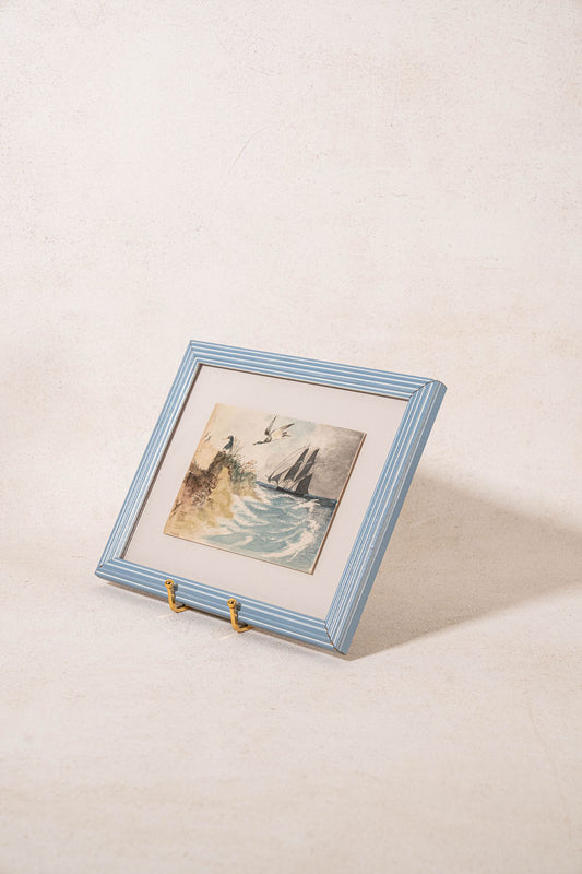 Antique Original Watercolor Seascape with Boat in Vintage Blue Frame