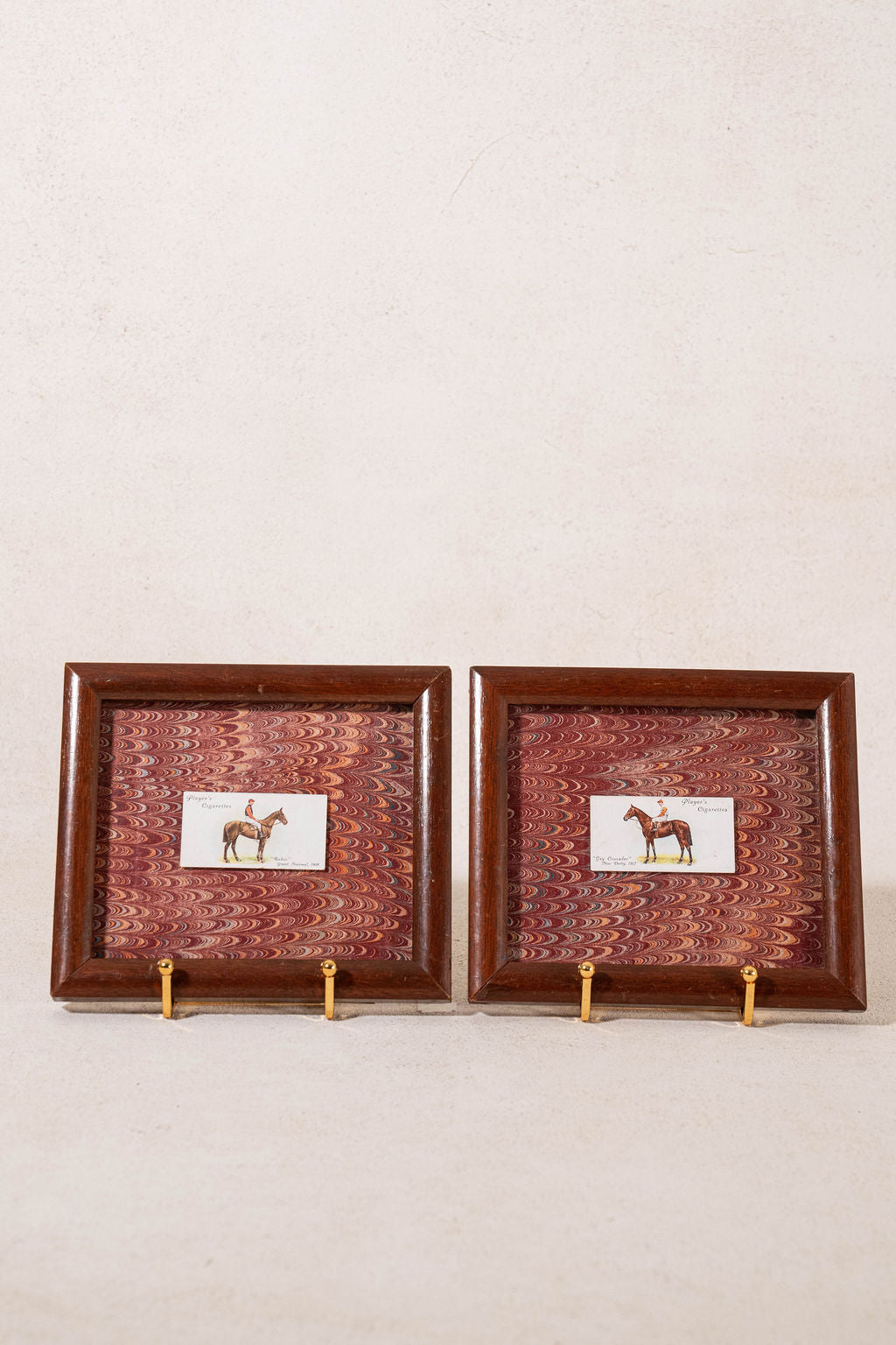 PAIR of Vintage British Collector’s Cigarette Jockey Card | Custom Float Mount on Antique Red Marbled Book in Vintage Frame