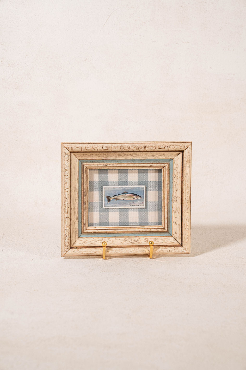 Vintage British Collector’s Cigarette ‘Salmon’ Fish Card | Custom Float Mount on Chelsea Textiles Check Fabric in Vintage Frame