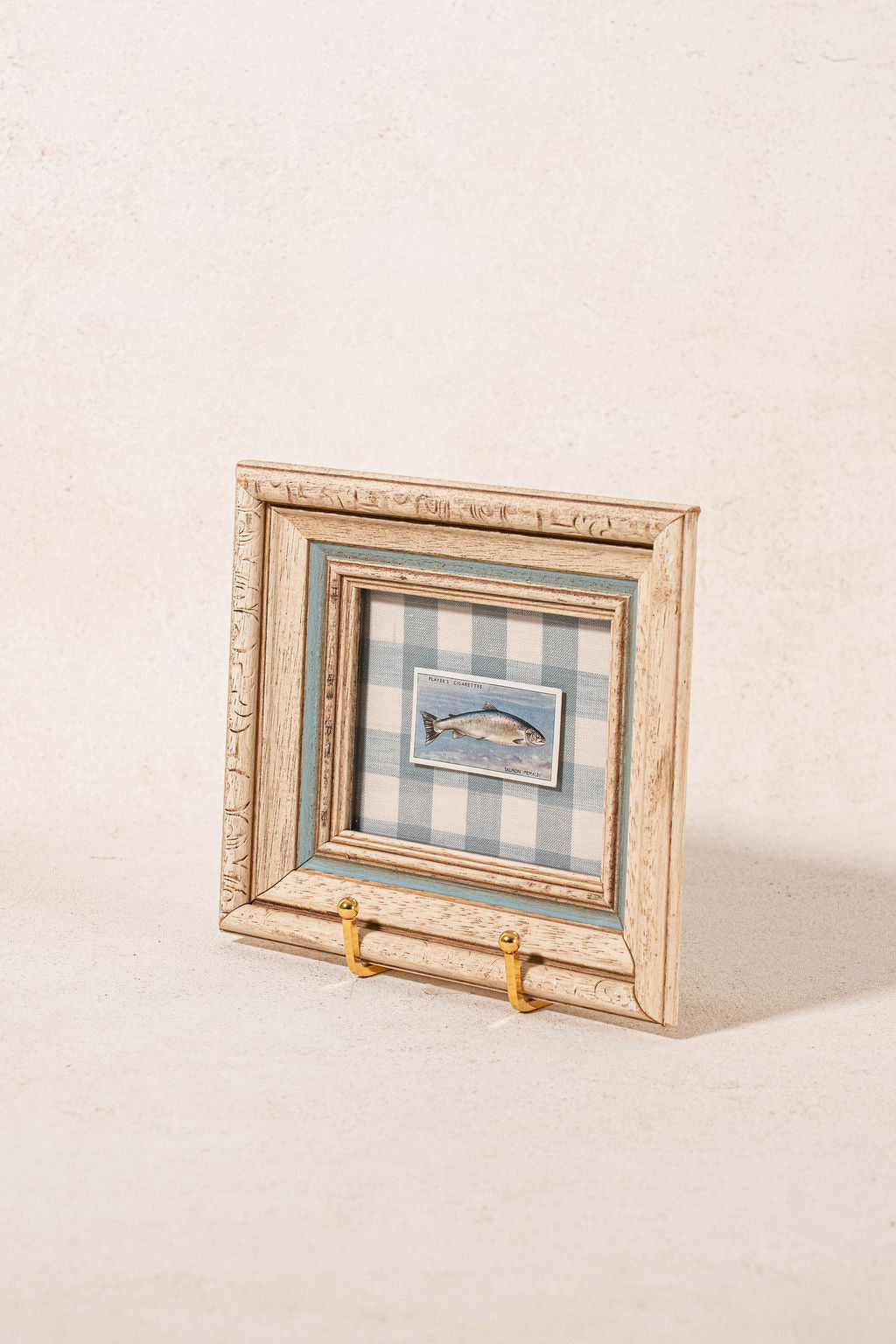 Vintage British Collector’s Cigarette ‘Salmon’ Fish Card | Custom Float Mount on Chelsea Textiles Check Fabric in Vintage Frame