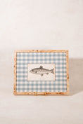 Load image into Gallery viewer, SET of 6 Antique English Fish Engravings (c. 1805) | Mounted on Chelsea Textiles Check 'Antique Blue' Fabric in Custom Contemporary Pale Burl Wood Frames
