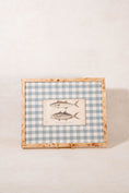 Load image into Gallery viewer, SET of 6 Antique English Fish Engravings (c. 1805) | Mounted on Chelsea Textiles Check 'Antique Blue' Fabric in Custom Contemporary Pale Burl Wood Frames
