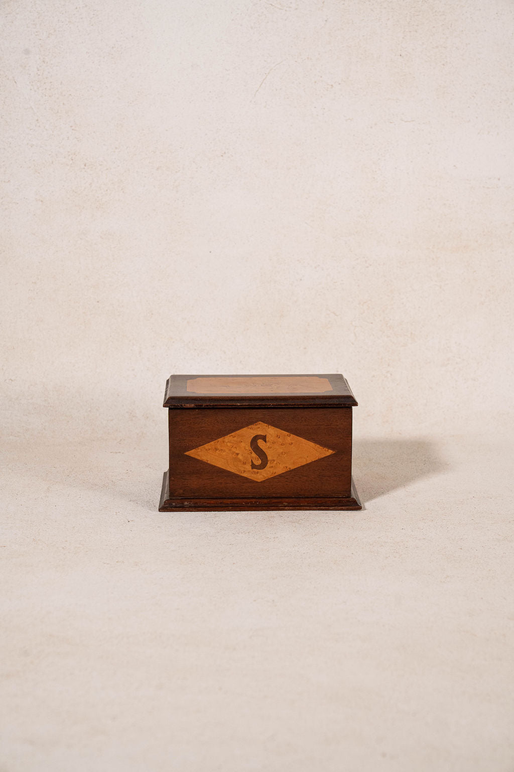 19th Century Mahogany Birdseye Maple Sewing Box with Letter “S” + Bow Inlay