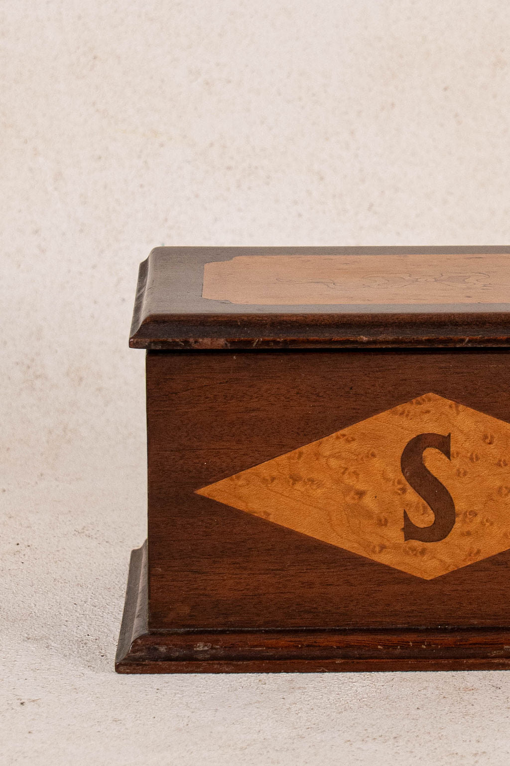19th Century Mahogany Birdseye Maple Sewing Box with Letter “S” + Bow Inlay
