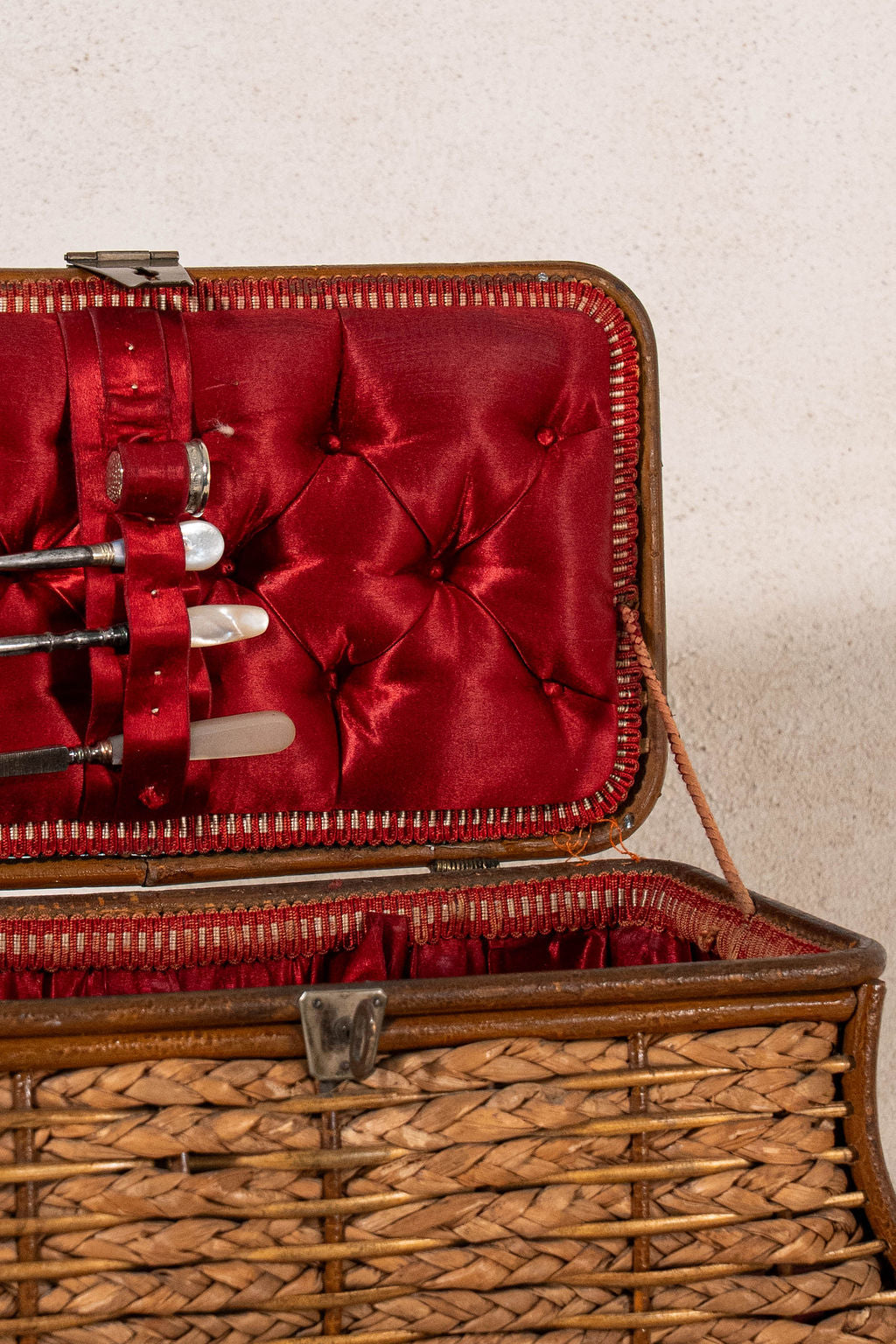 Antique Woven Sewing Box with Top Handle