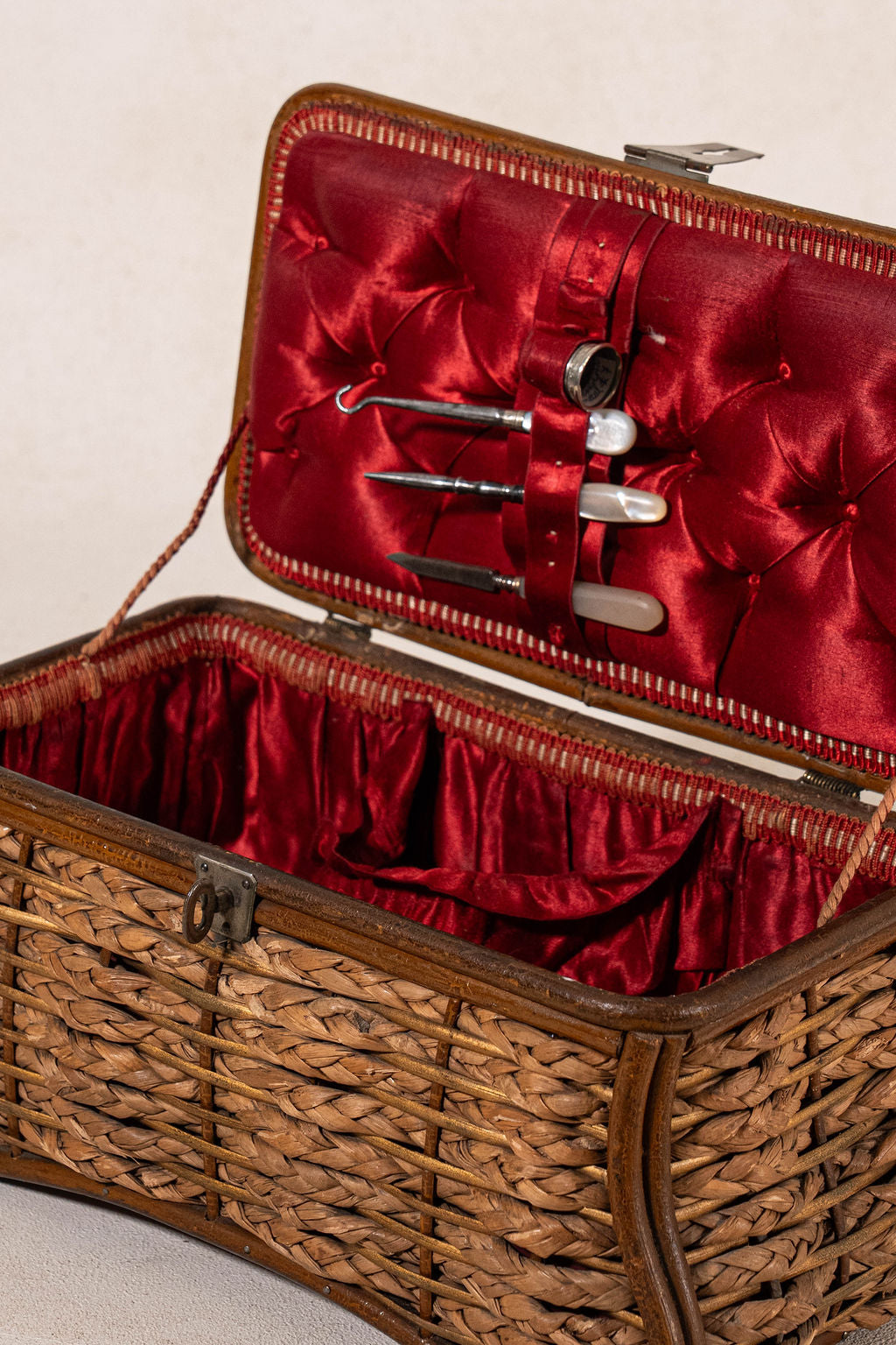 Antique Woven Sewing Box with Top Handle