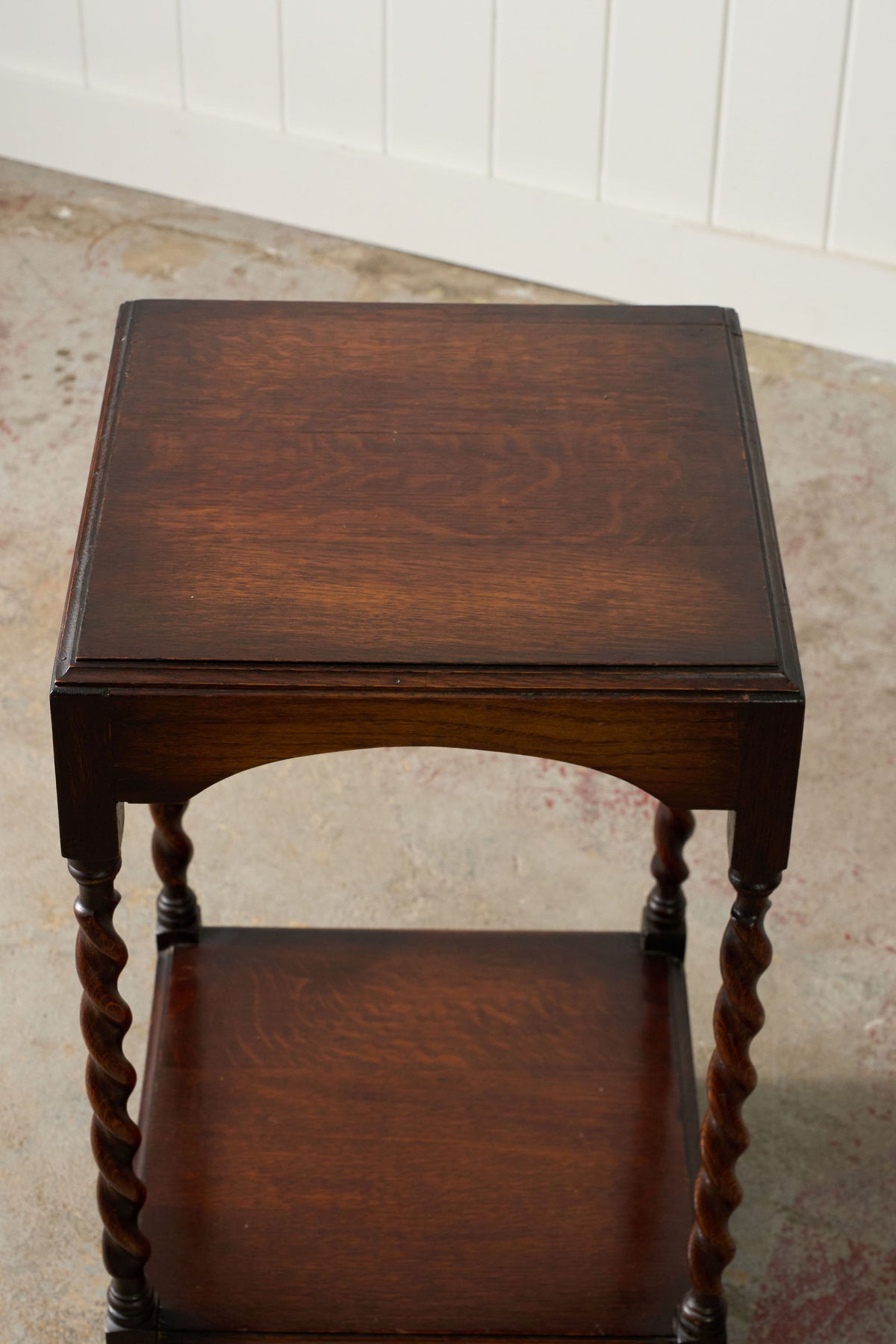 Two Tier Oak Barley Twist Side Table with Beveled Edge (c. 1930)