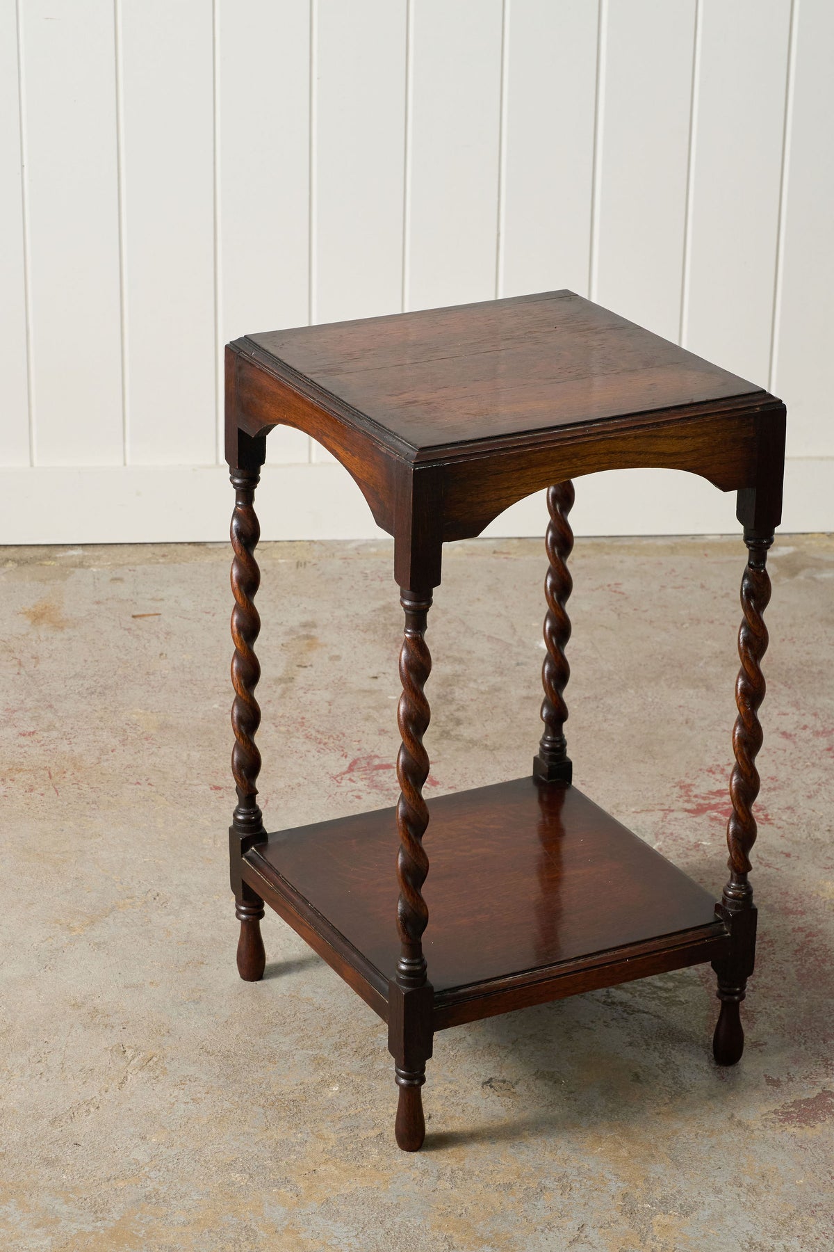 Two Tier Oak Barley Twist Side Table with Beveled Edge (c. 1930)