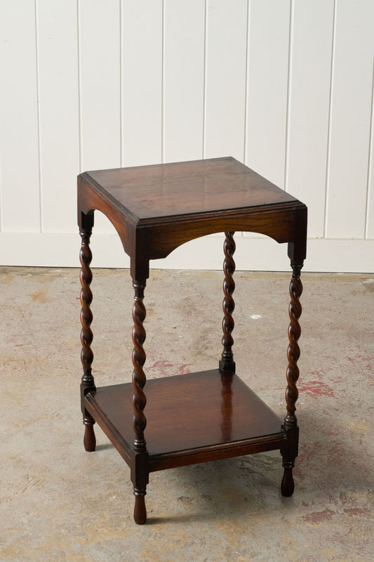 Two Tier Oak Barley Twist Side Table with Beveled Edge (c. 1930)