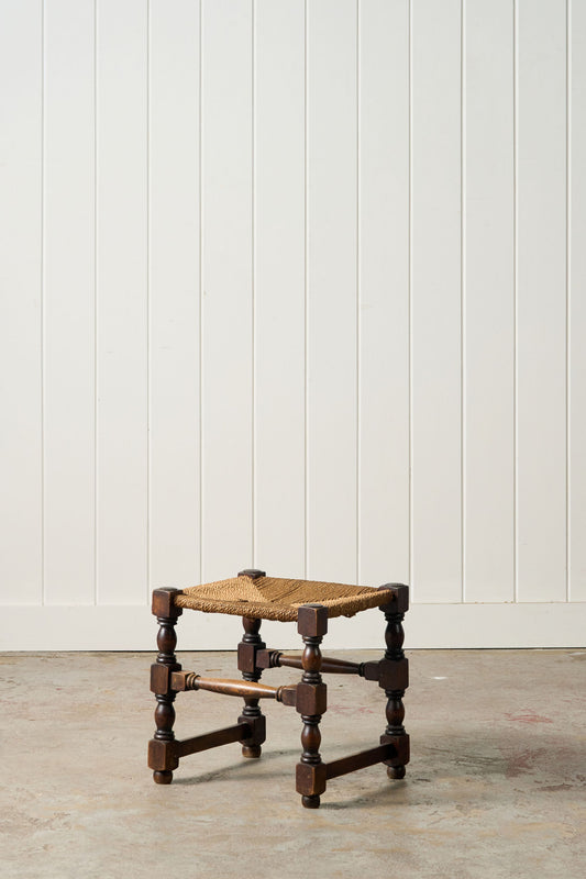 Antique English Oak Stool with Woven Seat (c. 1920)